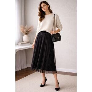 Jigsaw x Simon Beck Black Midi Skirt UK 8 US 4 Polka Dot Sheer Overlay Designer